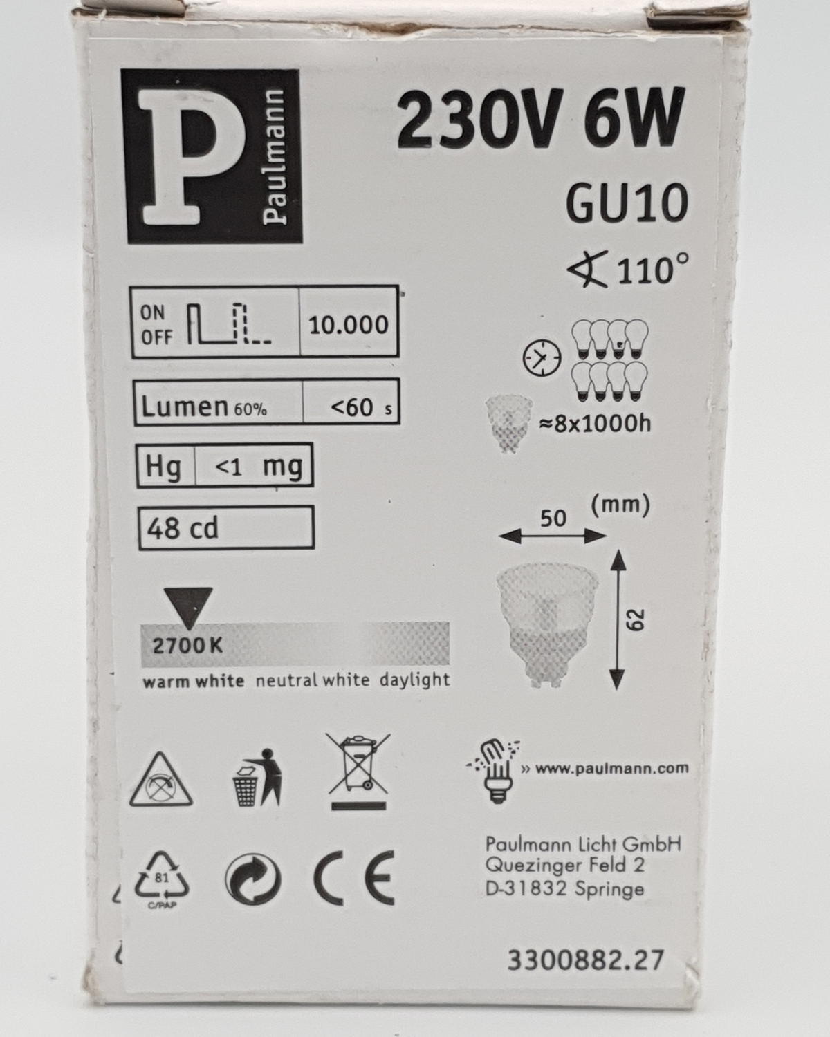 Paulmann 882.27 energy saving lamp reflector 7W GU10 warm white