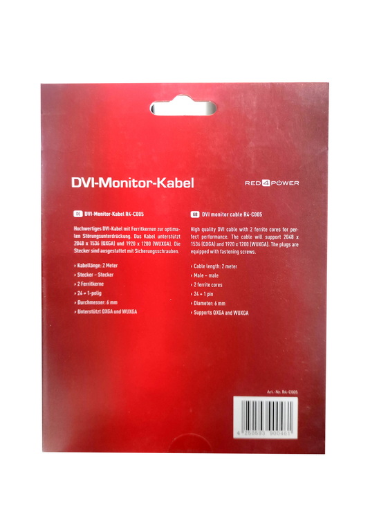 Red4Power Dvi Monitor 2M Cable Male to male in Retial Box